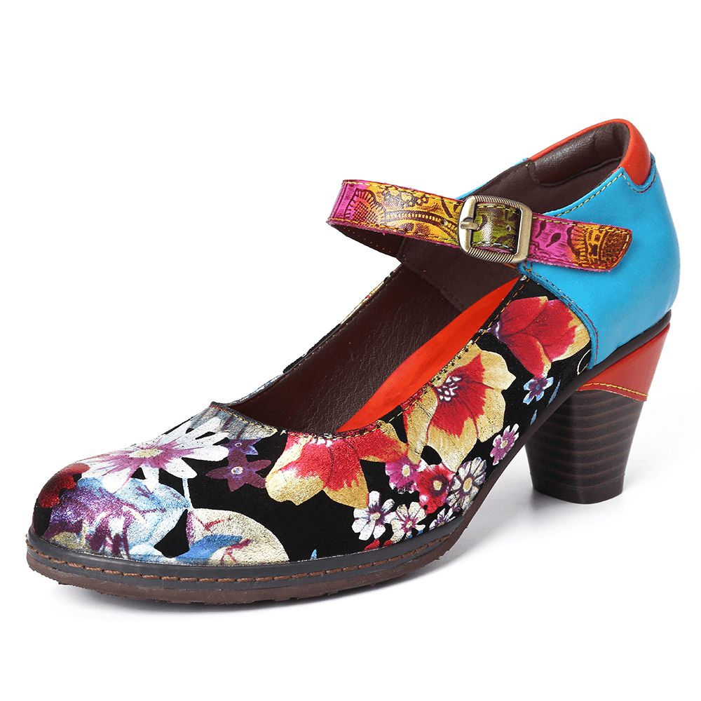 Geschilderde Zonnebloemen Echt Leer Elegante Enkelgesp Mary Jane Pumps