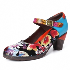 Geschilderde Zonnebloemen Echt Leer Elegante Enkelgesp Mary Jane Pumps