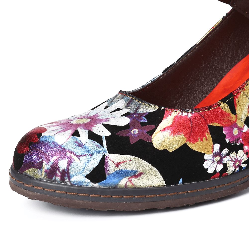 Geschilderde Zonnebloemen Echt Leer Elegante Enkelgesp Mary Jane Pumps