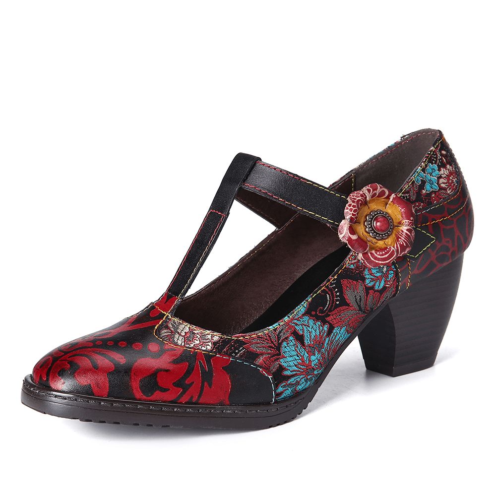 Retro Bloemen Geborduurde Bloemen Lederen Lage Hak T-Riem Klittenband Pumps