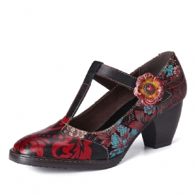 Retro Bloemen Geborduurde Bloemen Lederen Lage Hak T-Riem Klittenband Pumps