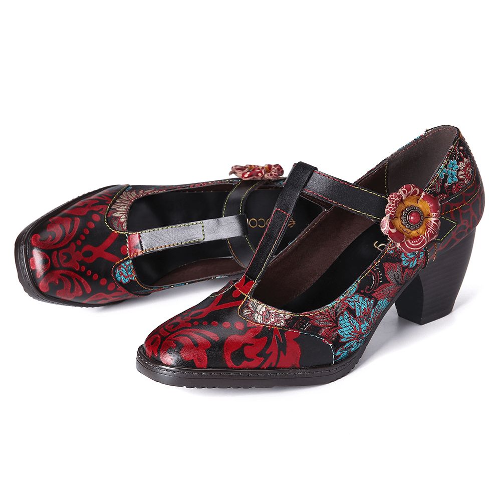 Retro Bloemen Geborduurde Bloemen Lederen Lage Hak T-Riem Klittenband Pumps