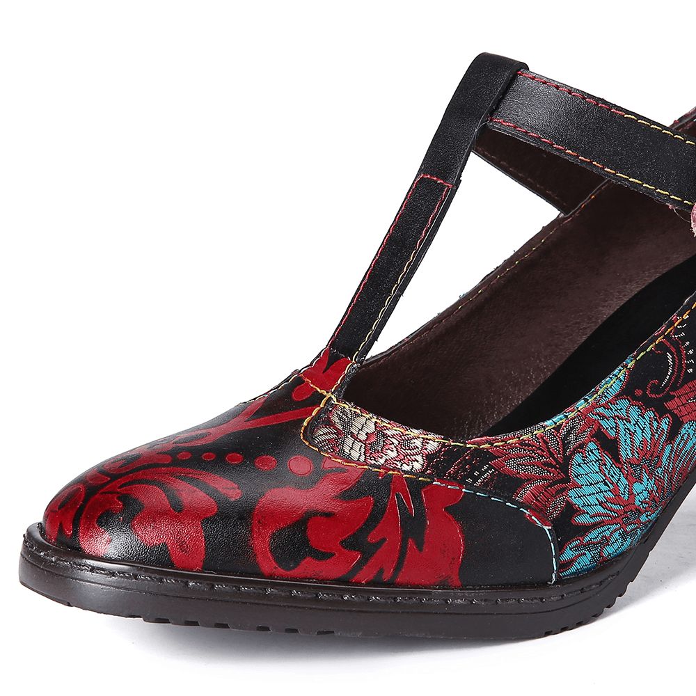 Retro Bloemen Geborduurde Bloemen Lederen Lage Hak T-Riem Klittenband Pumps