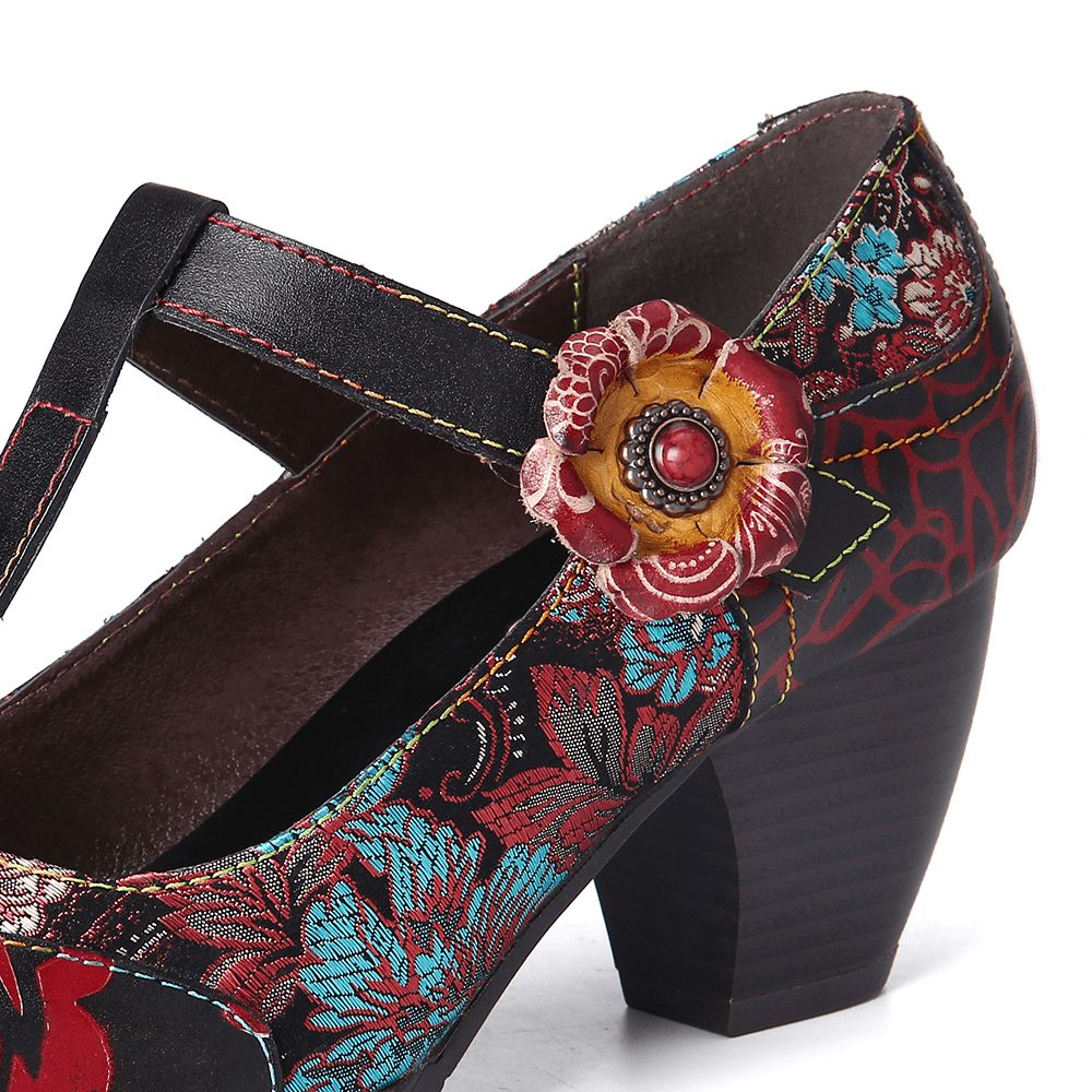 Retro Bloemen Geborduurde Bloemen Lederen Lage Hak T-Riem Klittenband Pumps