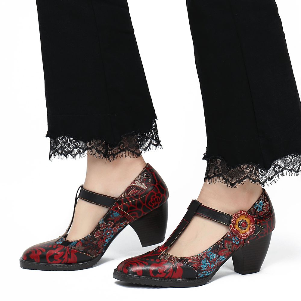 Retro Bloemen Geborduurde Bloemen Lederen Lage Hak T-Riem Klittenband Pumps