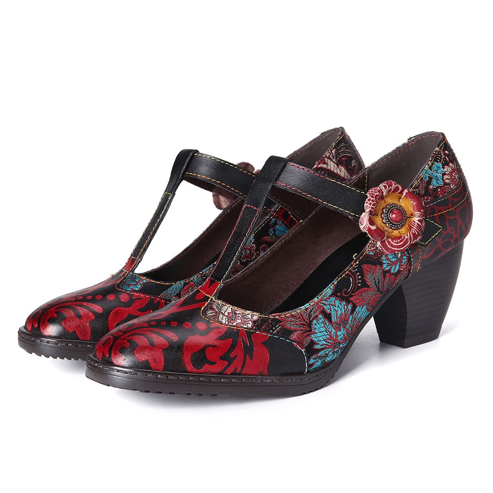 Retro Bloemen Geborduurde Bloemen Lederen Lage Hak T-Riem Klittenband Pumps