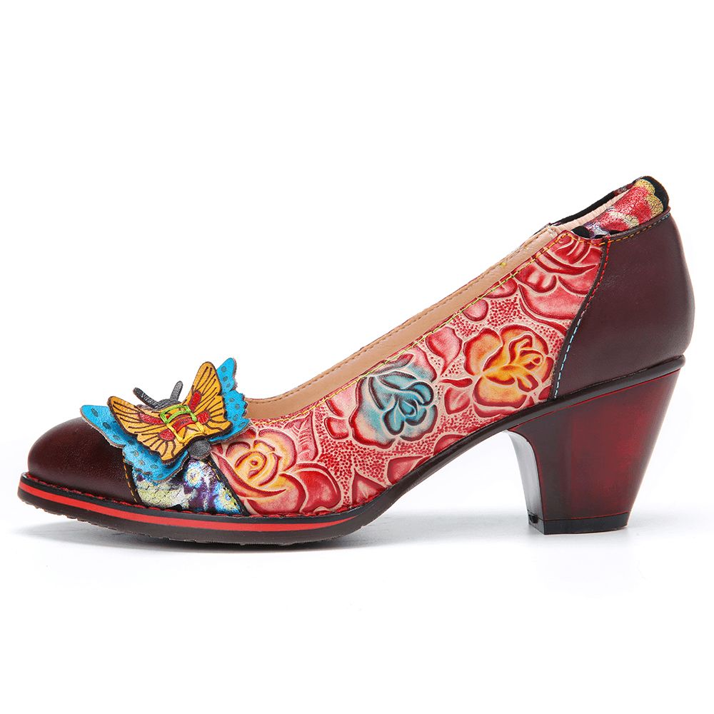 Vintage Vlinder Reliëf Bloemen Lederen Splitsen Stiksels Instappers Chunky Heel Pumps