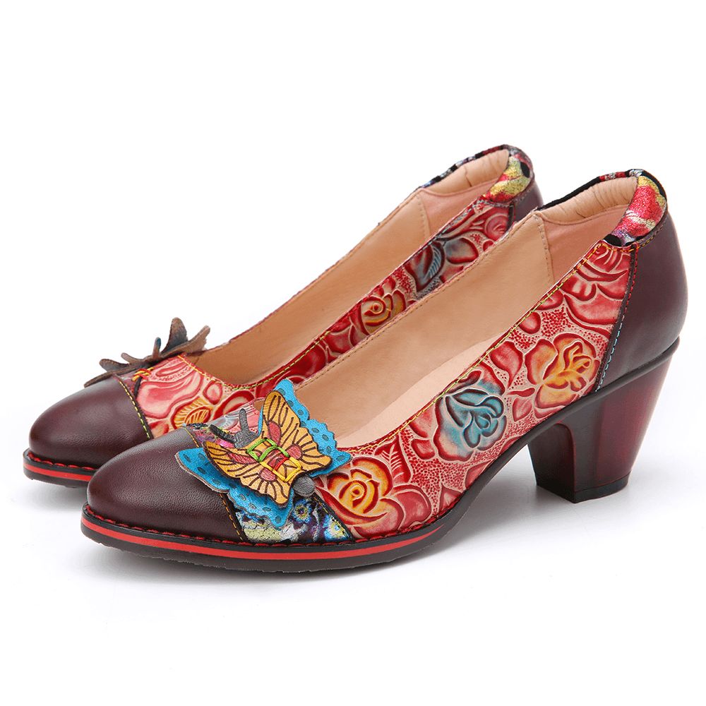 Vintage Vlinder Reliëf Bloemen Lederen Splitsen Stiksels Instappers Chunky Heel Pumps