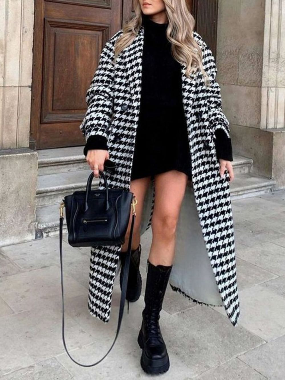 Daily Houndstooth-Overjas Met Lange Mouwen Losse Reverskraag