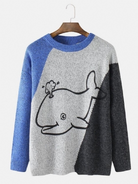 Cartoon Whale Graphics Heren Colorblcok Schattige Gebreide Truien Met Lange Mouwen