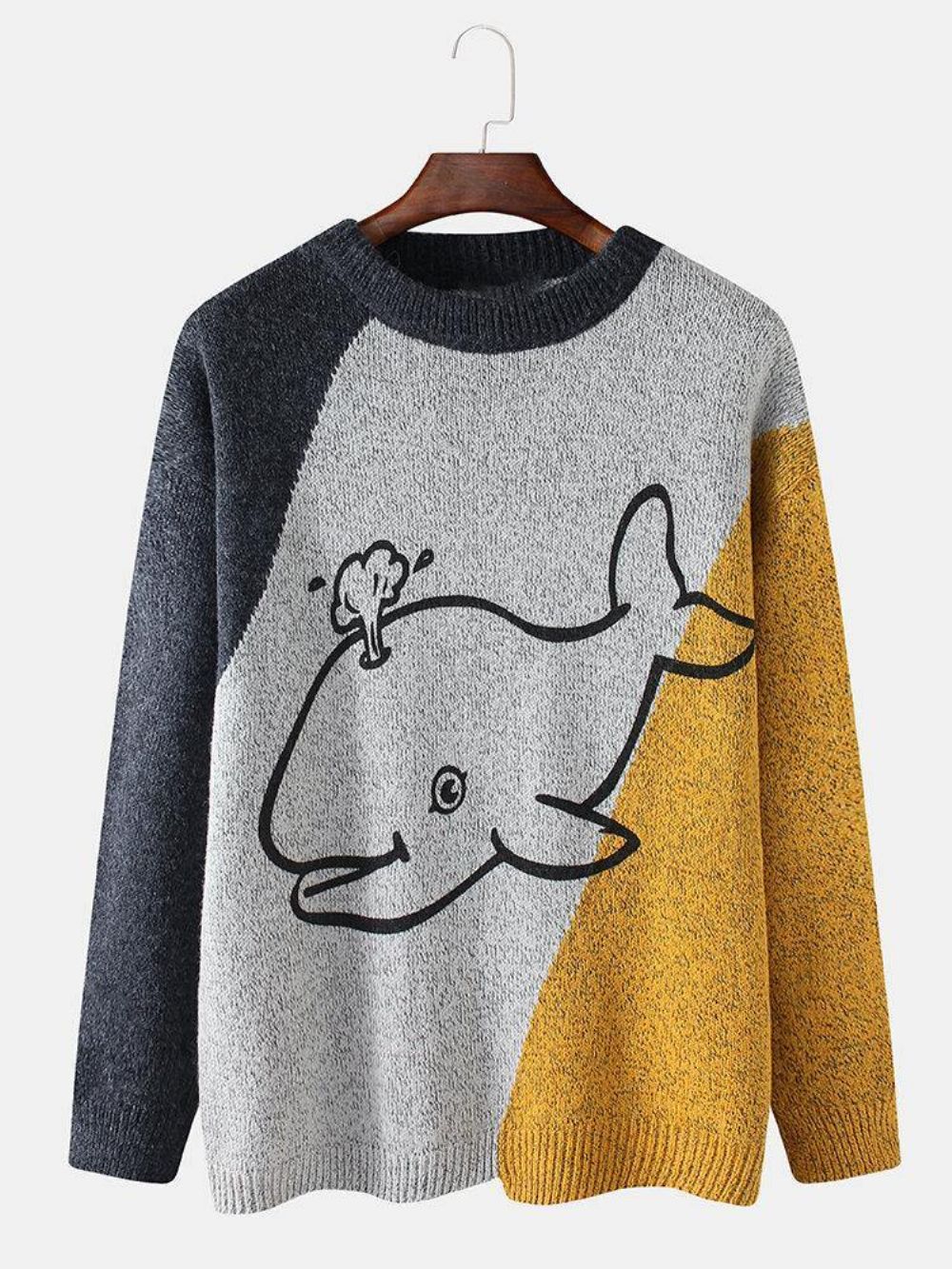 Cartoon Whale Graphics Heren Colorblcok Schattige Gebreide Truien Met Lange Mouwen