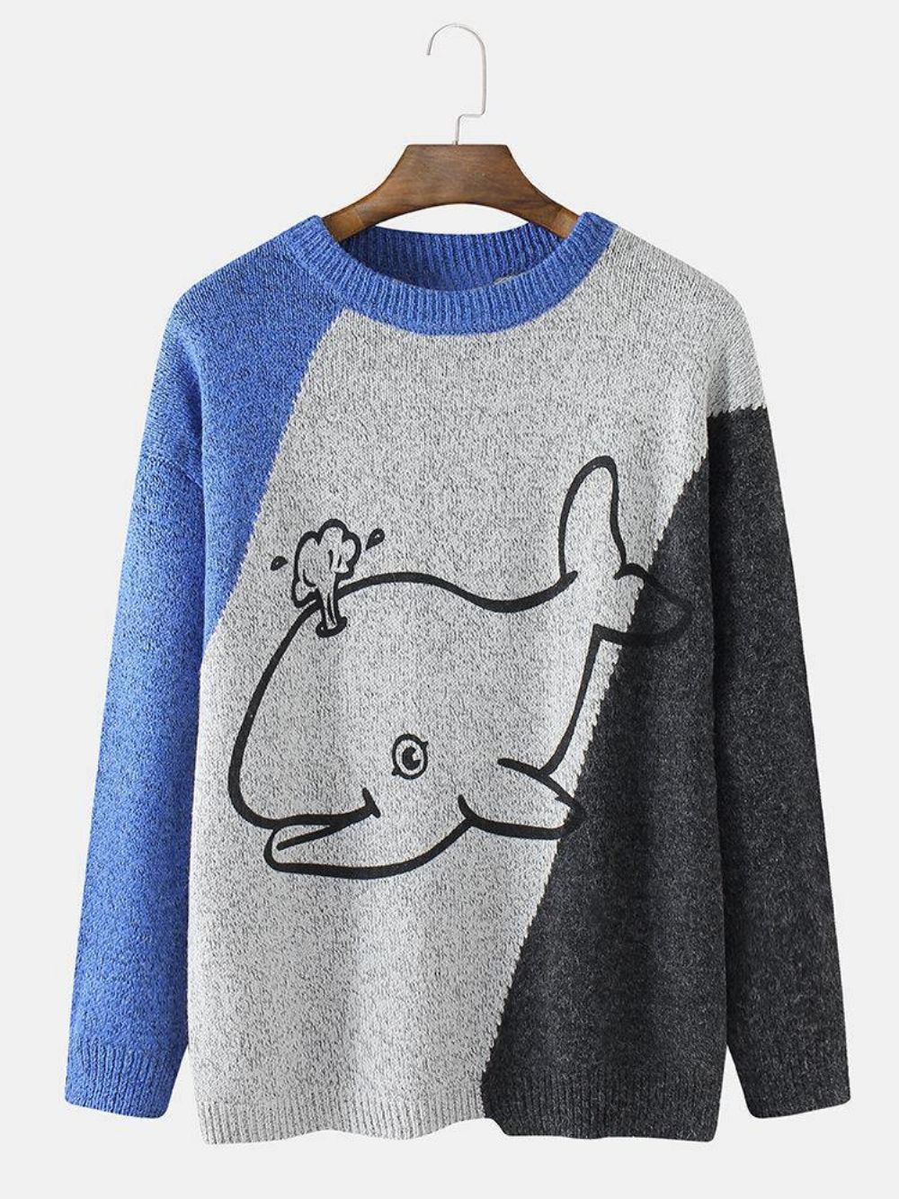 Cartoon Whale Graphics Heren Colorblcok Schattige Gebreide Truien Met Lange Mouwen