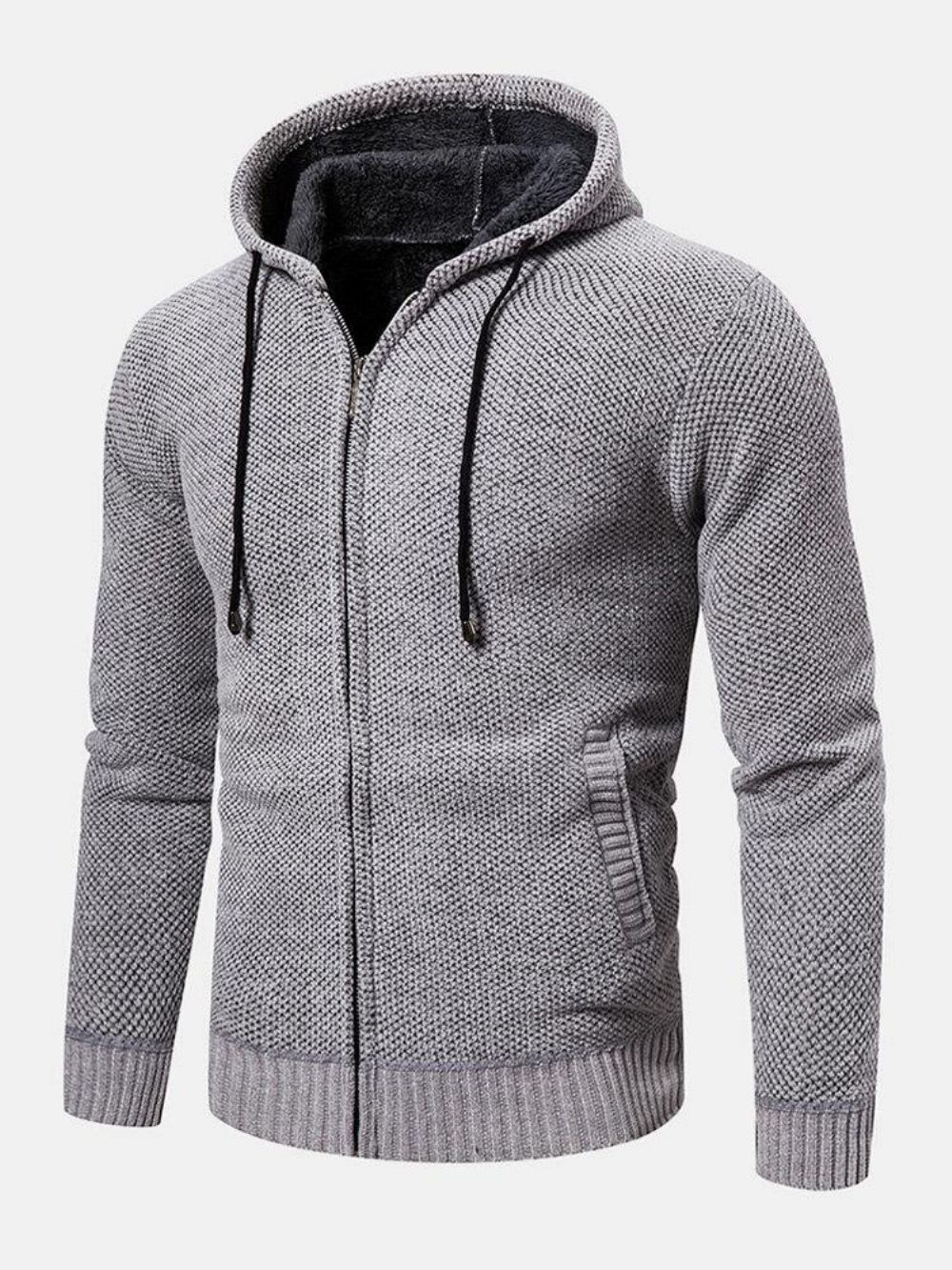 Heren Gebreide Rits Effen Kleur Warme Lange Mouw Hooded Sweater Hoodie Jas