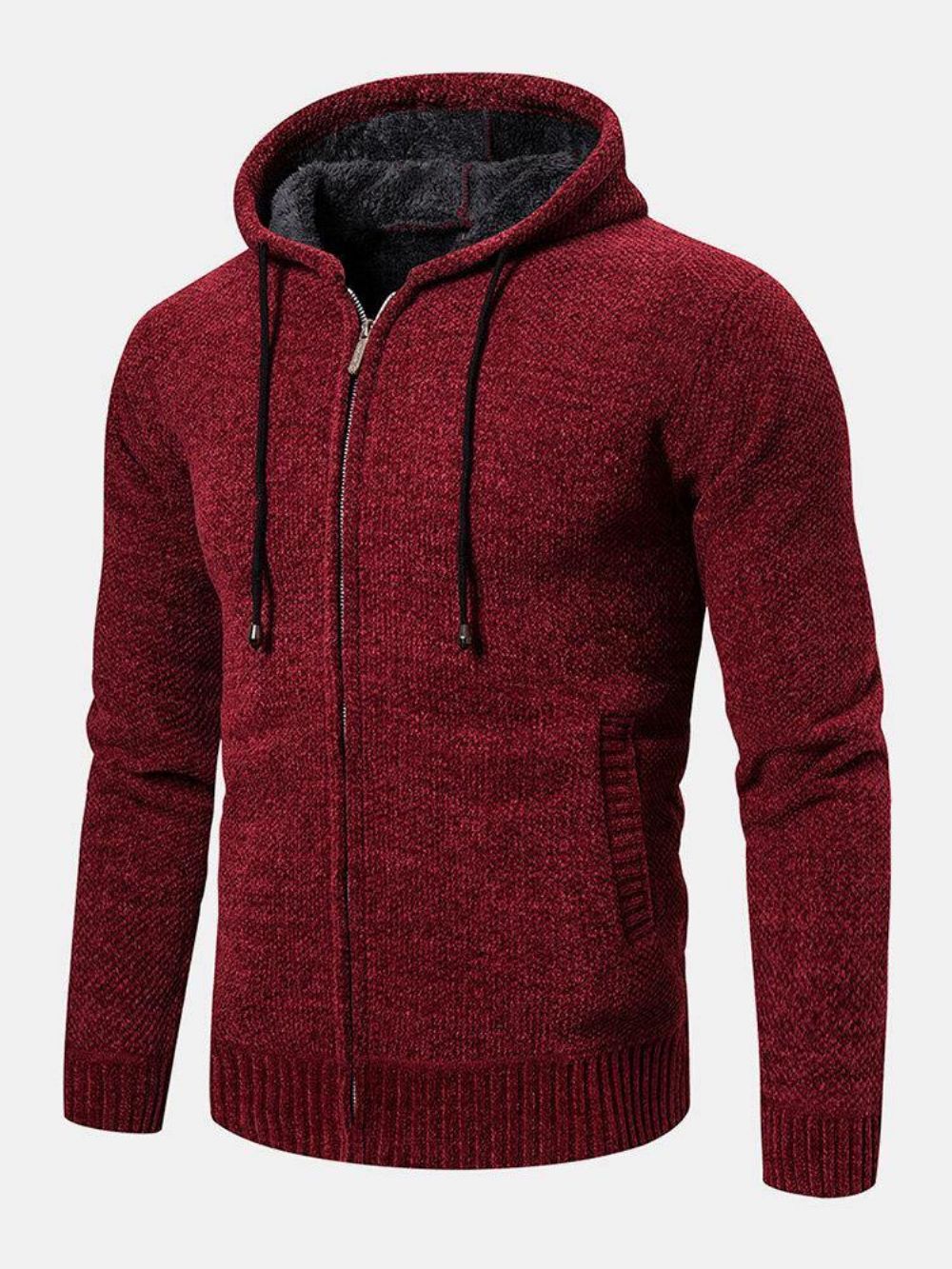 Heren Gebreide Rits Effen Kleur Warme Lange Mouw Hooded Sweater Hoodie Jas