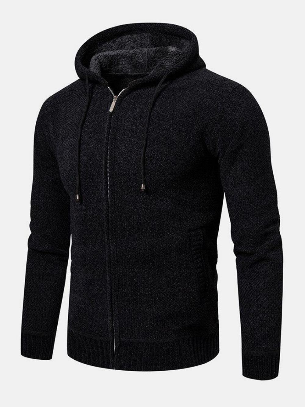 Heren Gebreide Rits Effen Kleur Warme Lange Mouw Hooded Sweater Hoodie Jas