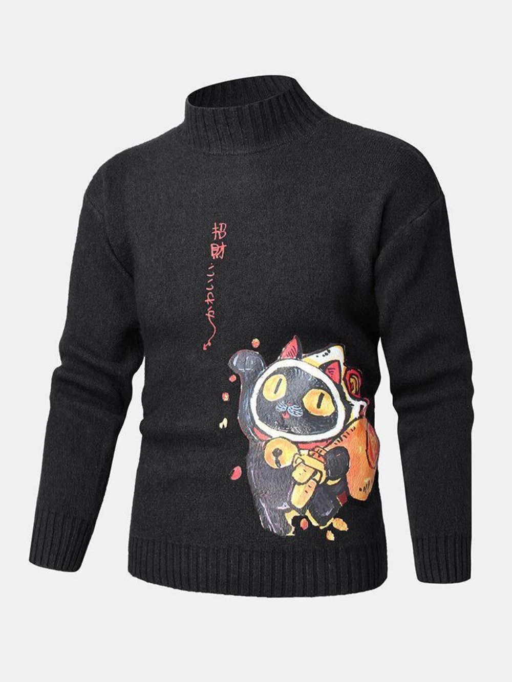 Mannen Cartoon Kat & Etnische Stijl Karakterpatroon Hoge Hals Gebreide Pullover Truien