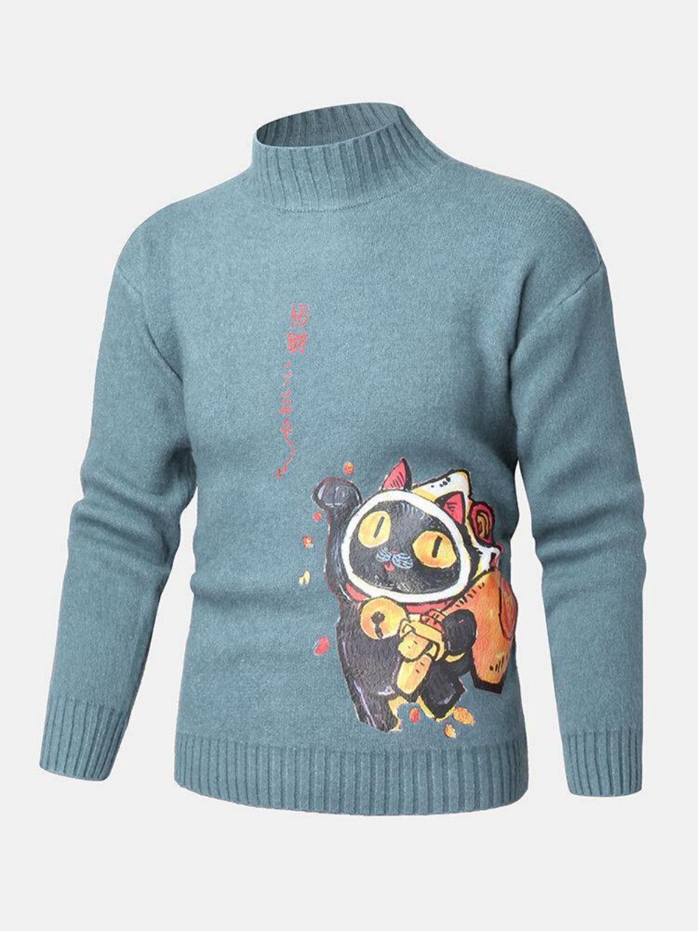 Mannen Cartoon Kat & Etnische Stijl Karakterpatroon Hoge Hals Gebreide Pullover Truien