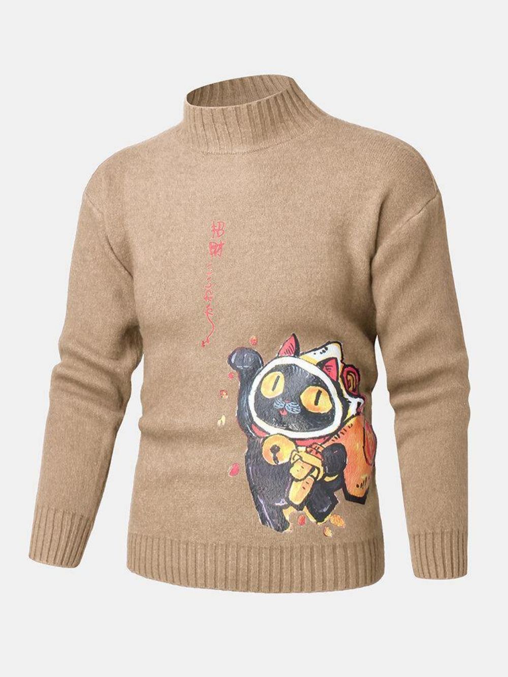 Mannen Cartoon Kat & Etnische Stijl Karakterpatroon Hoge Hals Gebreide Pullover Truien