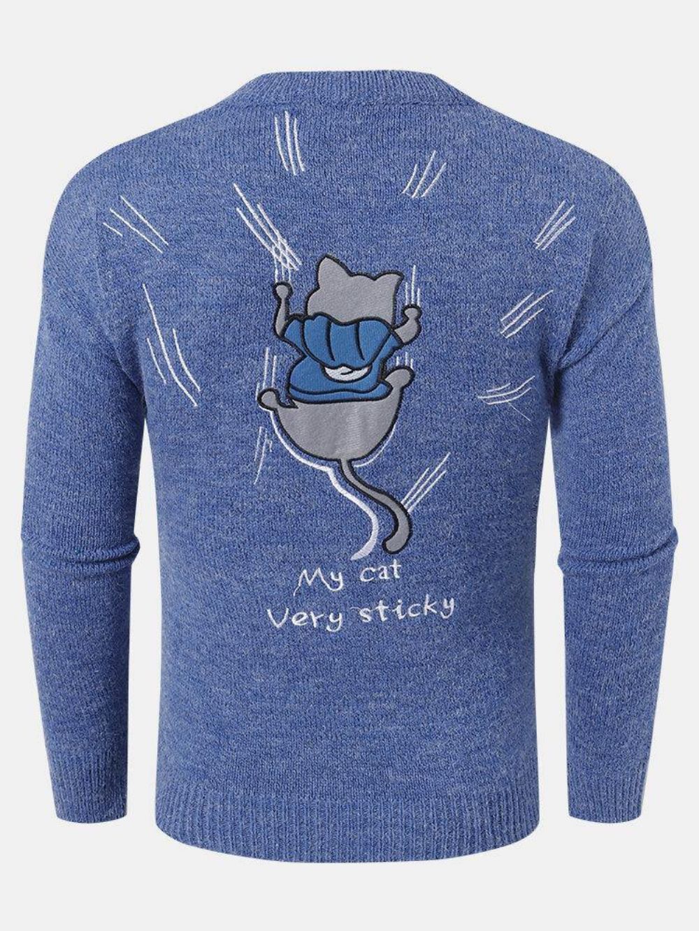 Mannen Terug Cartoon Kat Brief Borduurwerk Ronde Hals Gebreide Pullover Truien