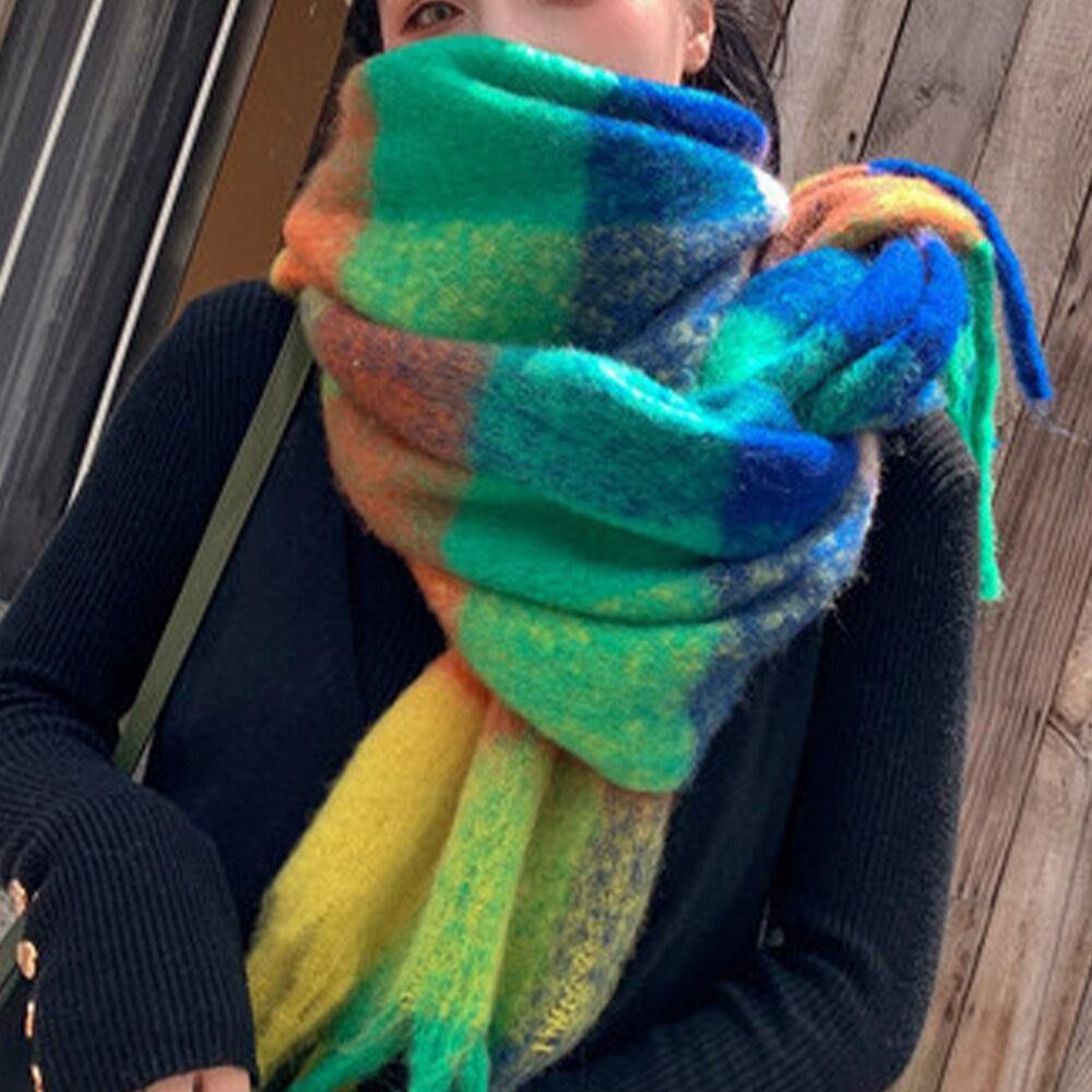 Dames Kasjmier Tweeërlei Gebruik Regenboog Gemengde Kleur Strepen Dikker Warm Plus Lange Sjaal Met Kwastje