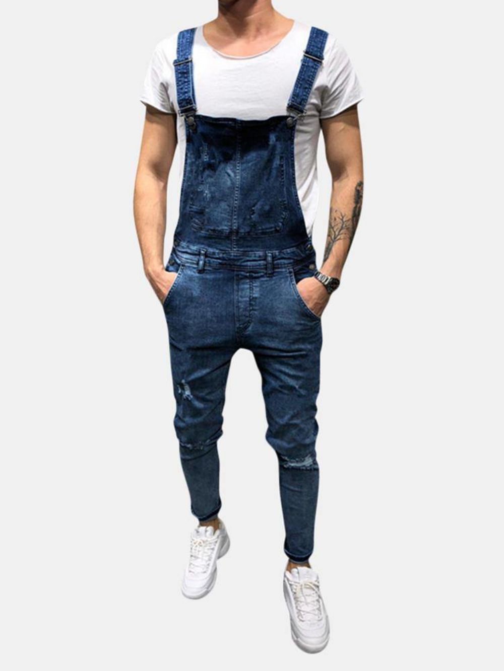 Denim Overalls Bretels Gescheurde Jeans Heren