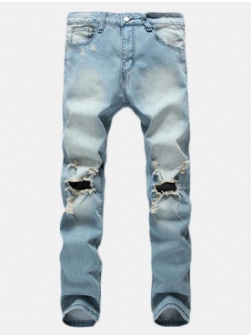 Gaten Heren Mode Casual Jeans Met Rechte Pijpen Vintage Lichtblauwe Spijkerbroek