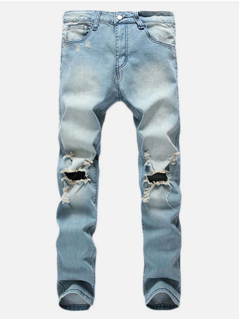 Gaten Heren Mode Casual Jeans Met Rechte Pijpen Vintage Lichtblauwe Spijkerbroek