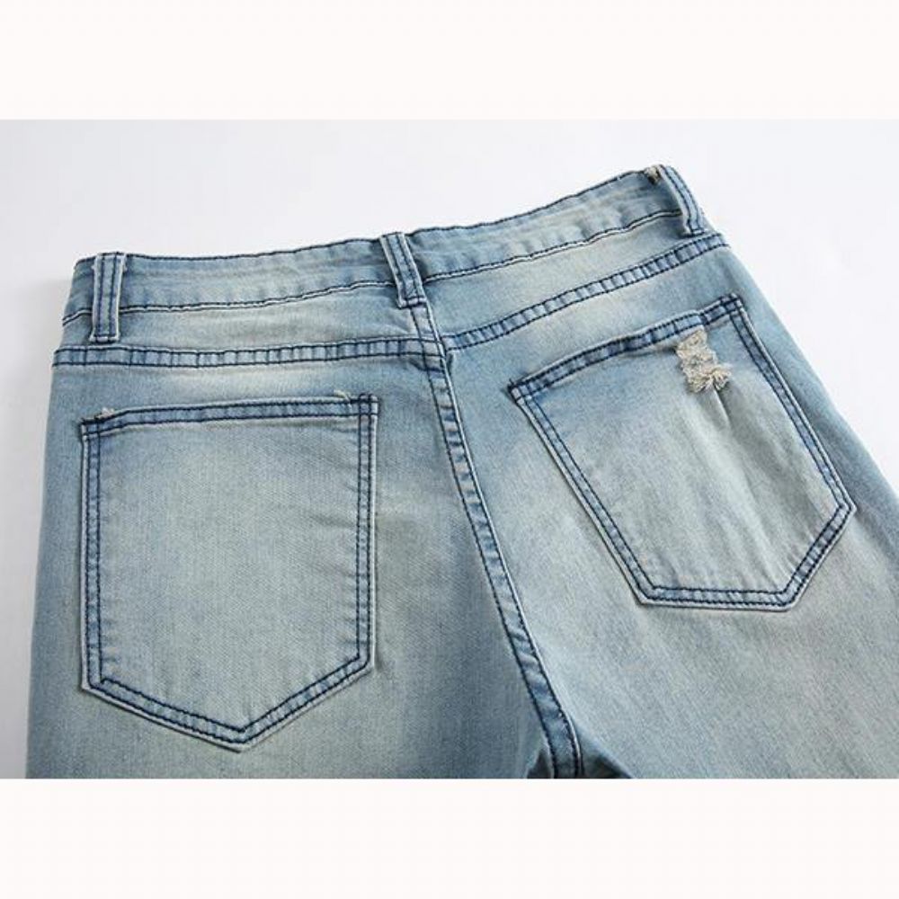 Gaten Heren Mode Casual Jeans Met Rechte Pijpen Vintage Lichtblauwe Spijkerbroek