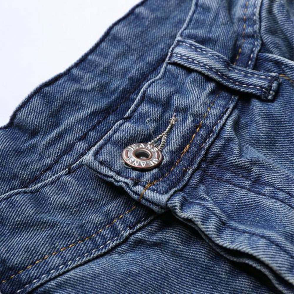 Heren Vintage Gaten Lichtblauwe Rechte Slim Button Jeans