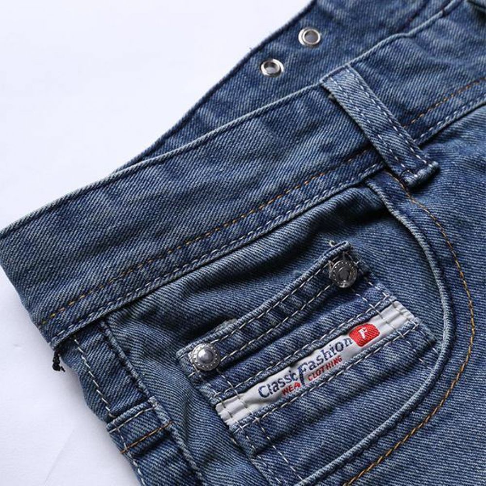 Heren Vintage Gaten Lichtblauwe Rechte Slim Button Jeans