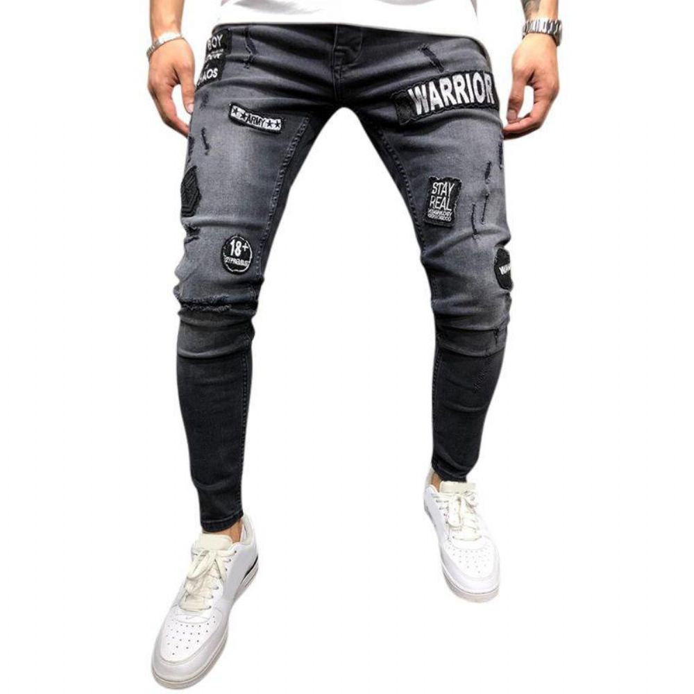 Herenmode Katoenen Middelhoge Taille Patchwork Jeans Spijkerbroeken