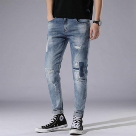 Lichtblauwe Gaten Jeans Herendag Slim Stitching Patch Street Stretch Broek