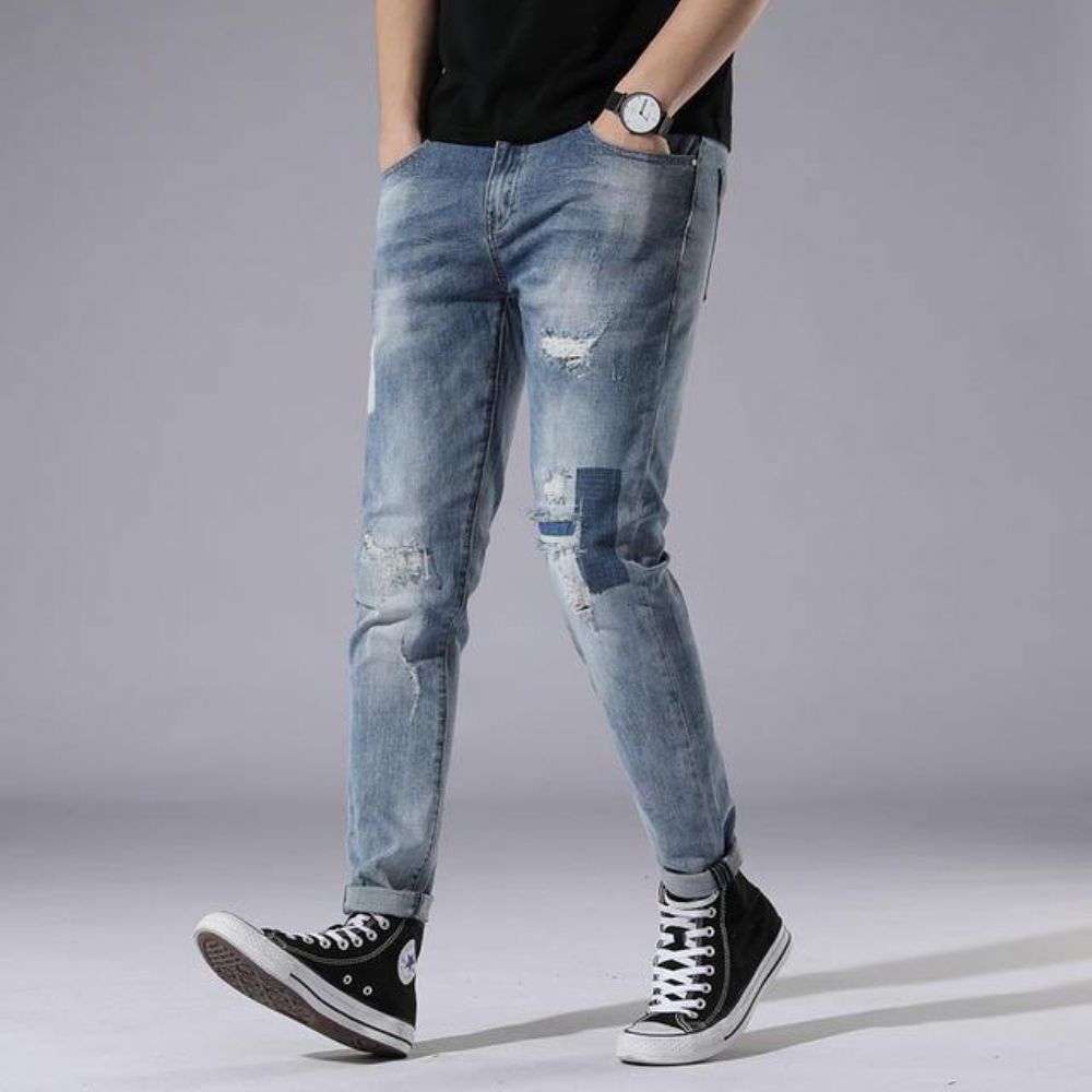 Lichtblauwe Gaten Jeans Herendag Slim Stitching Patch Street Stretch Broek