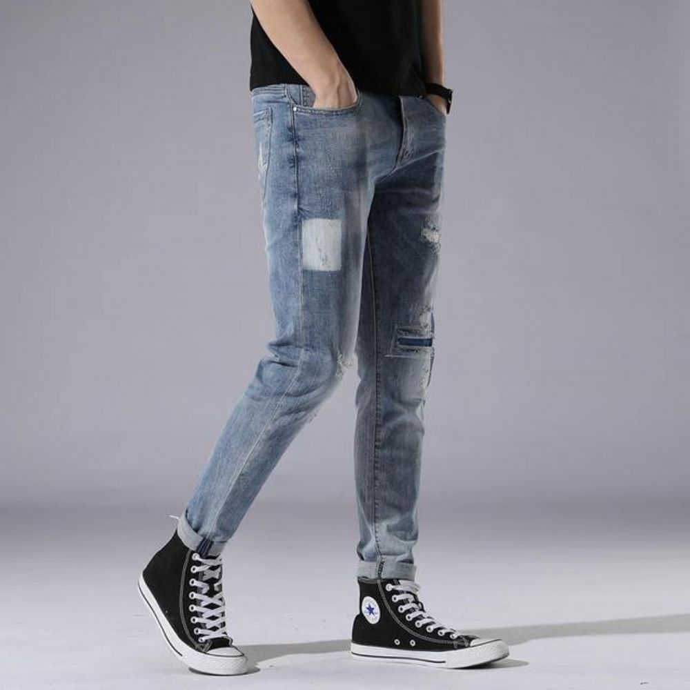 Lichtblauwe Gaten Jeans Herendag Slim Stitching Patch Street Stretch Broek