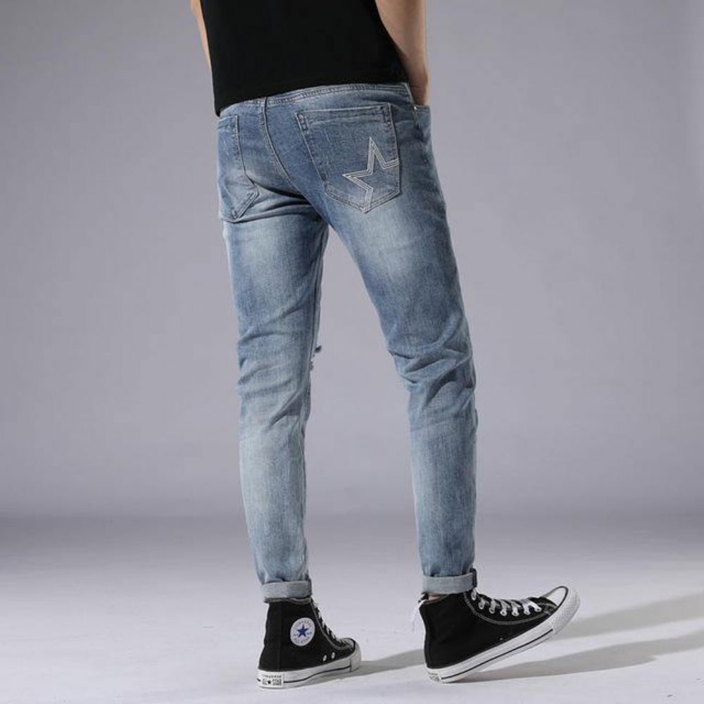 Lichtblauwe Gaten Jeans Herendag Slim Stitching Patch Street Stretch Broek