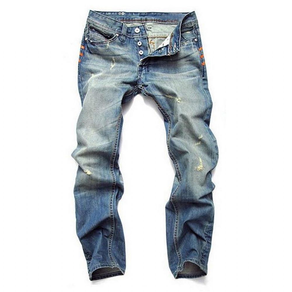 Recht Gewassen Jeans Met Gescheurde Vouwstiksels