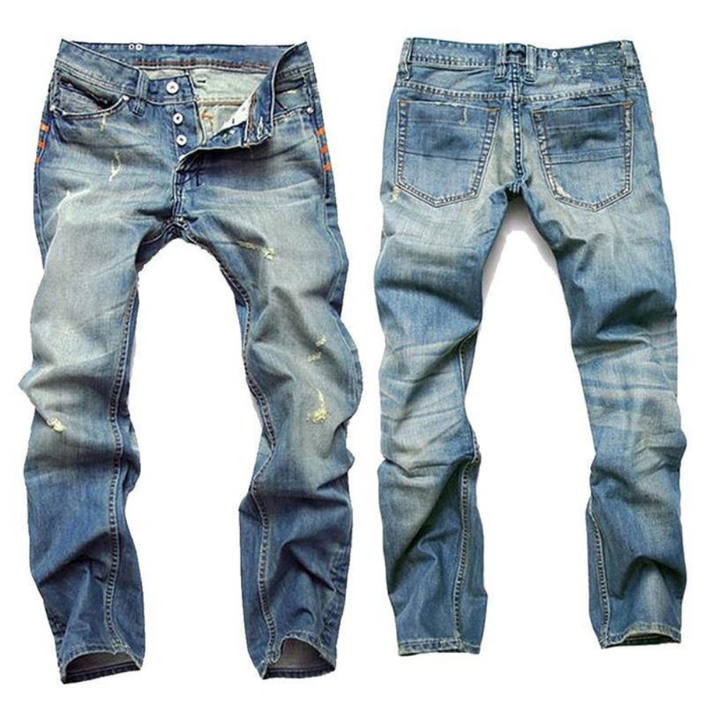 Recht Gewassen Jeans Met Gescheurde Vouwstiksels