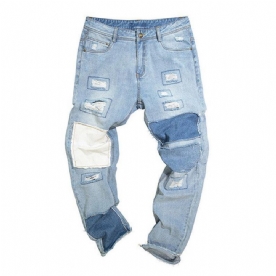 Stijlvolle Patchwork Hip-Hop Blue Washed Designer Jeans