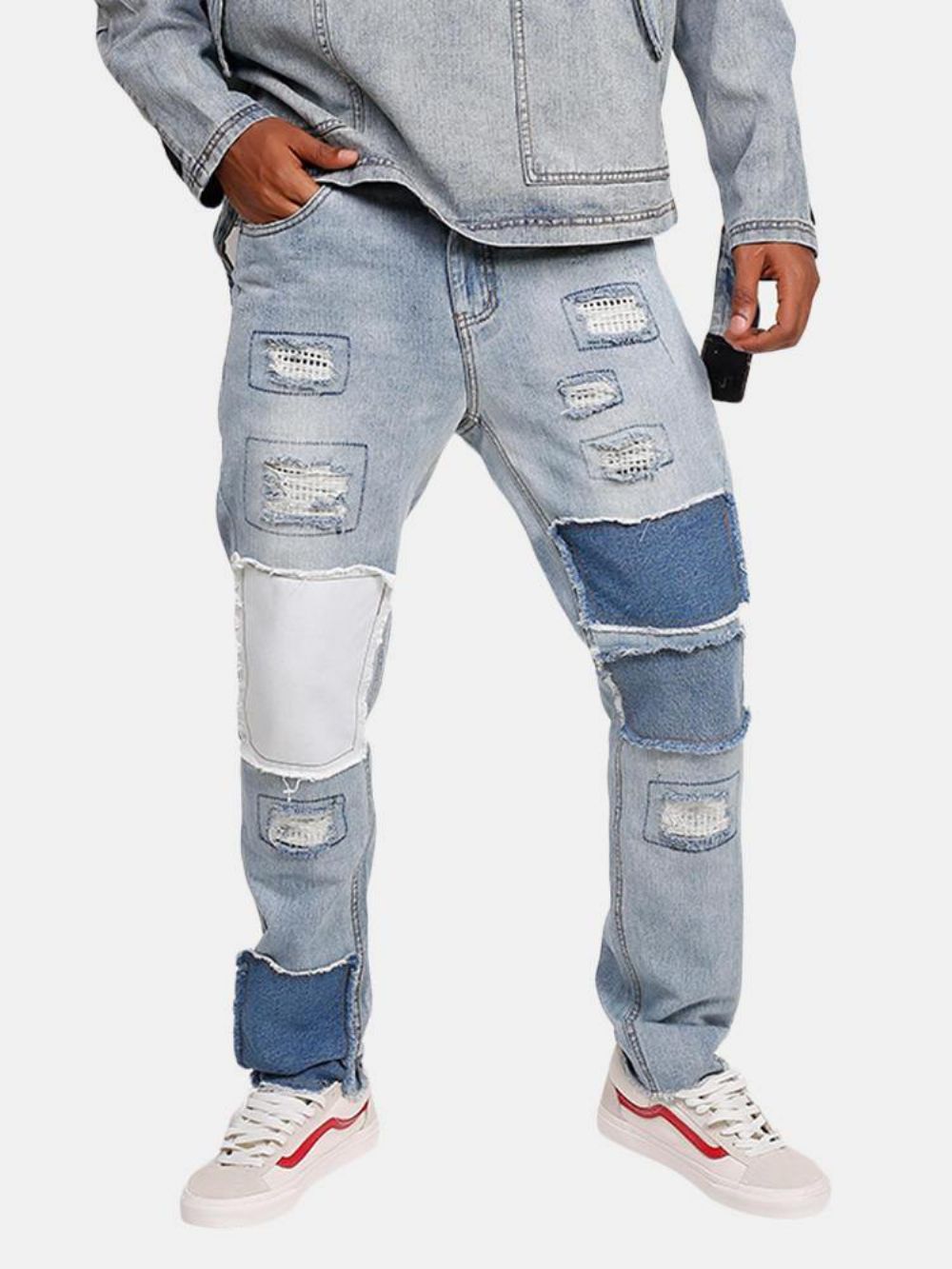 Stijlvolle Patchwork Hip-Hop Blue Washed Designer Jeans