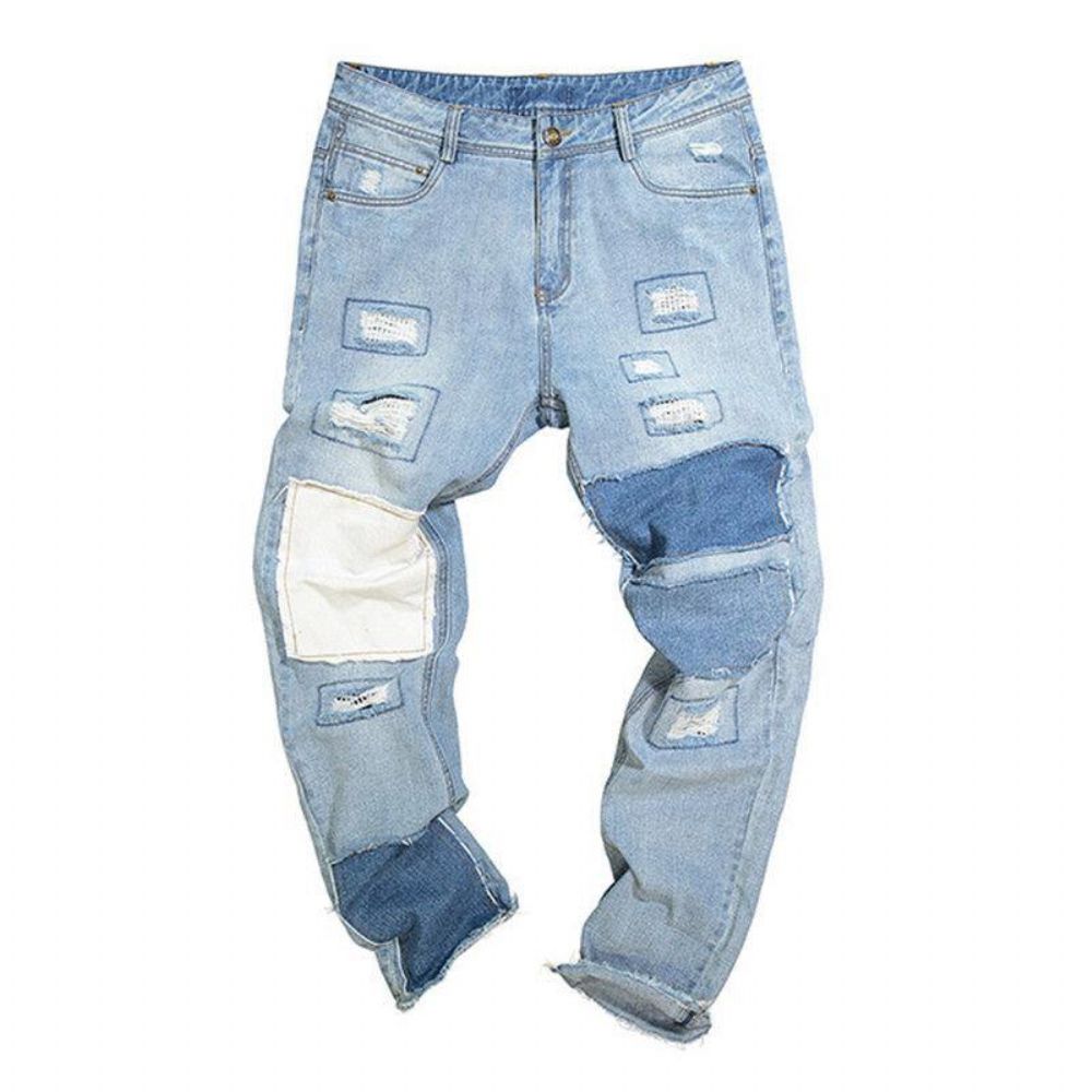 Stijlvolle Patchwork Hip-Hop Blue Washed Designer Jeans