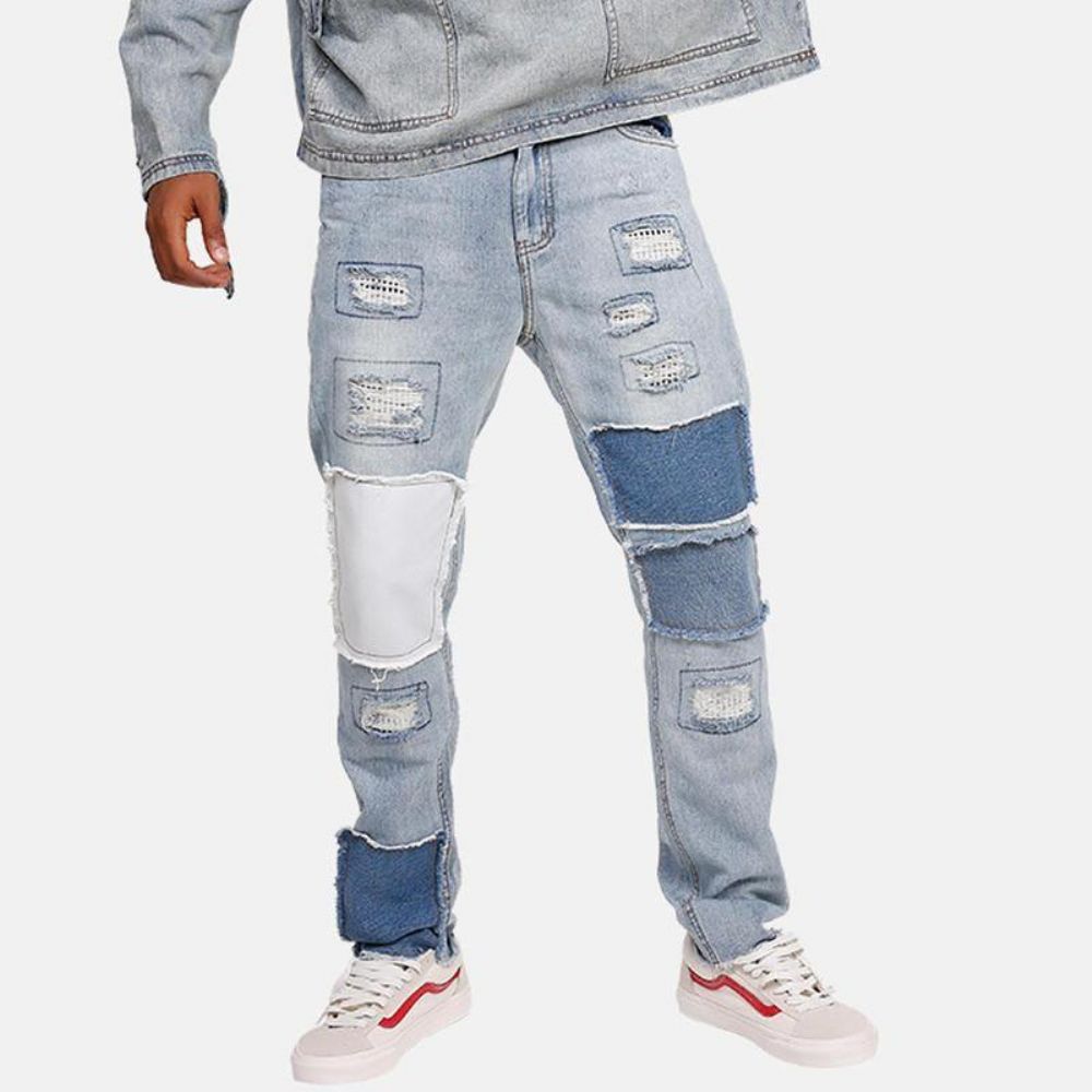 Stijlvolle Patchwork Hip-Hop Blue Washed Designer Jeans