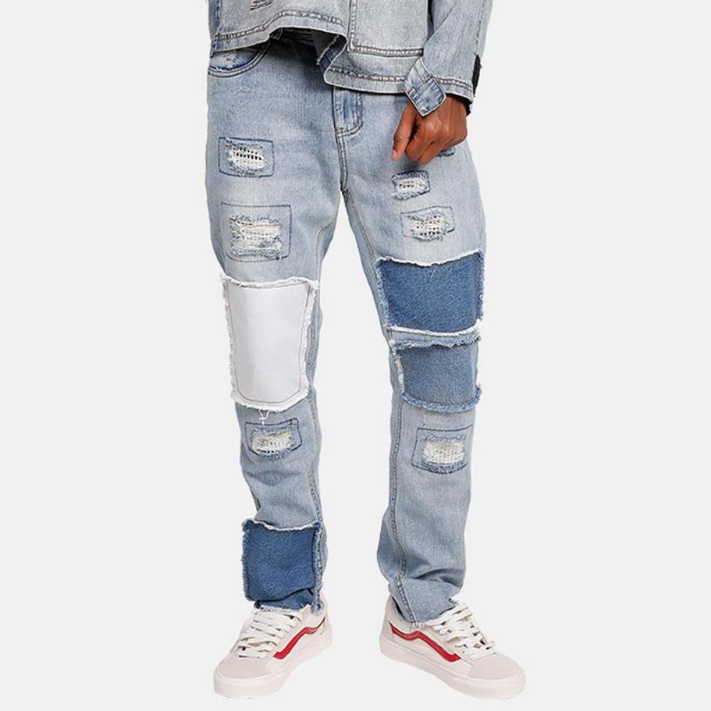 Stijlvolle Patchwork Hip-Hop Blue Washed Designer Jeans