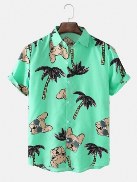 Hawaï-Vakantieshirts Heren Met Cartoon-Hond Kokospalmprint