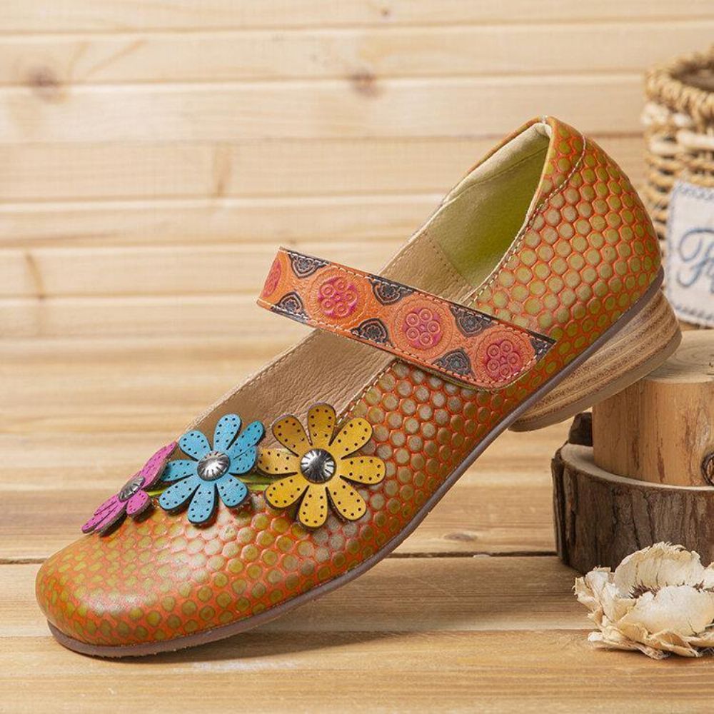 Bloemen Decor Dot Bedrukt Rundleer Retro Enkelbandje Haaklus Comfortabele Casual Platte Schoenen