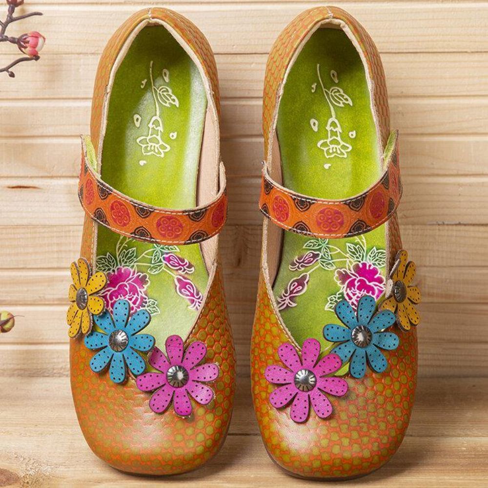 Bloemen Decor Dot Bedrukt Rundleer Retro Enkelbandje Haaklus Comfortabele Casual Platte Schoenen