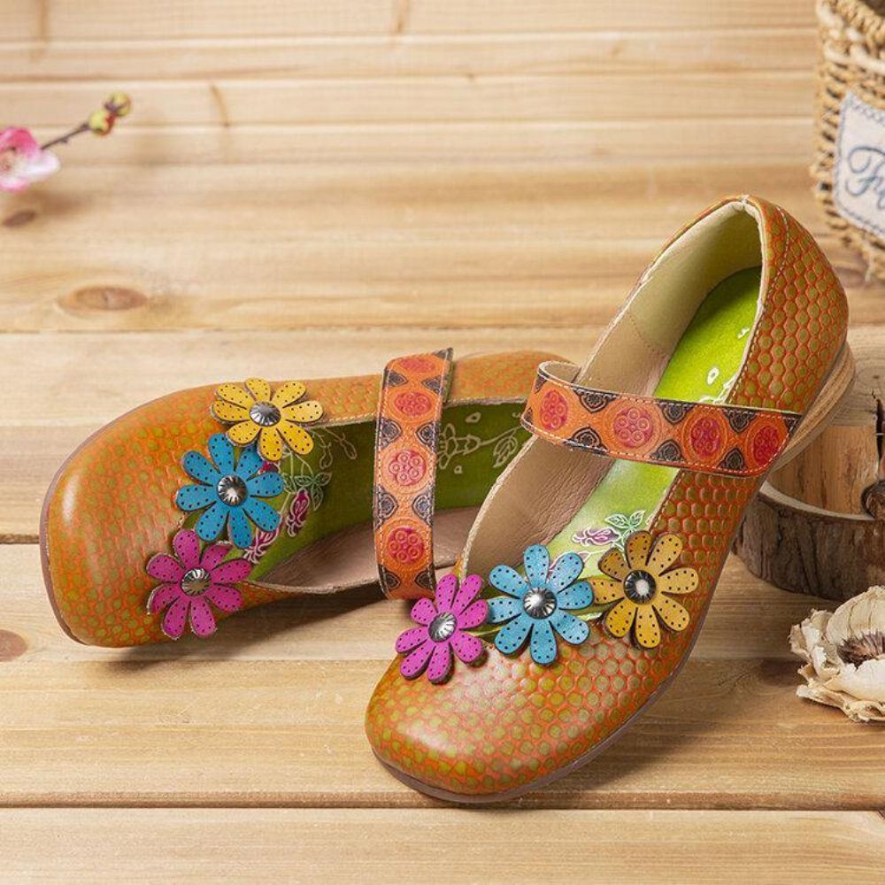 Bloemen Decor Dot Bedrukt Rundleer Retro Enkelbandje Haaklus Comfortabele Casual Platte Schoenen