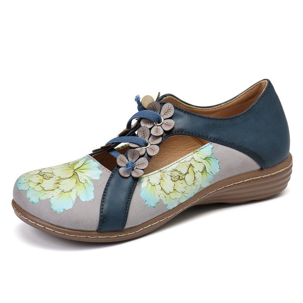 Bloemenpatroon Elastische Band Ronde Neus Splitsen Retro Casual Platte Schoenen