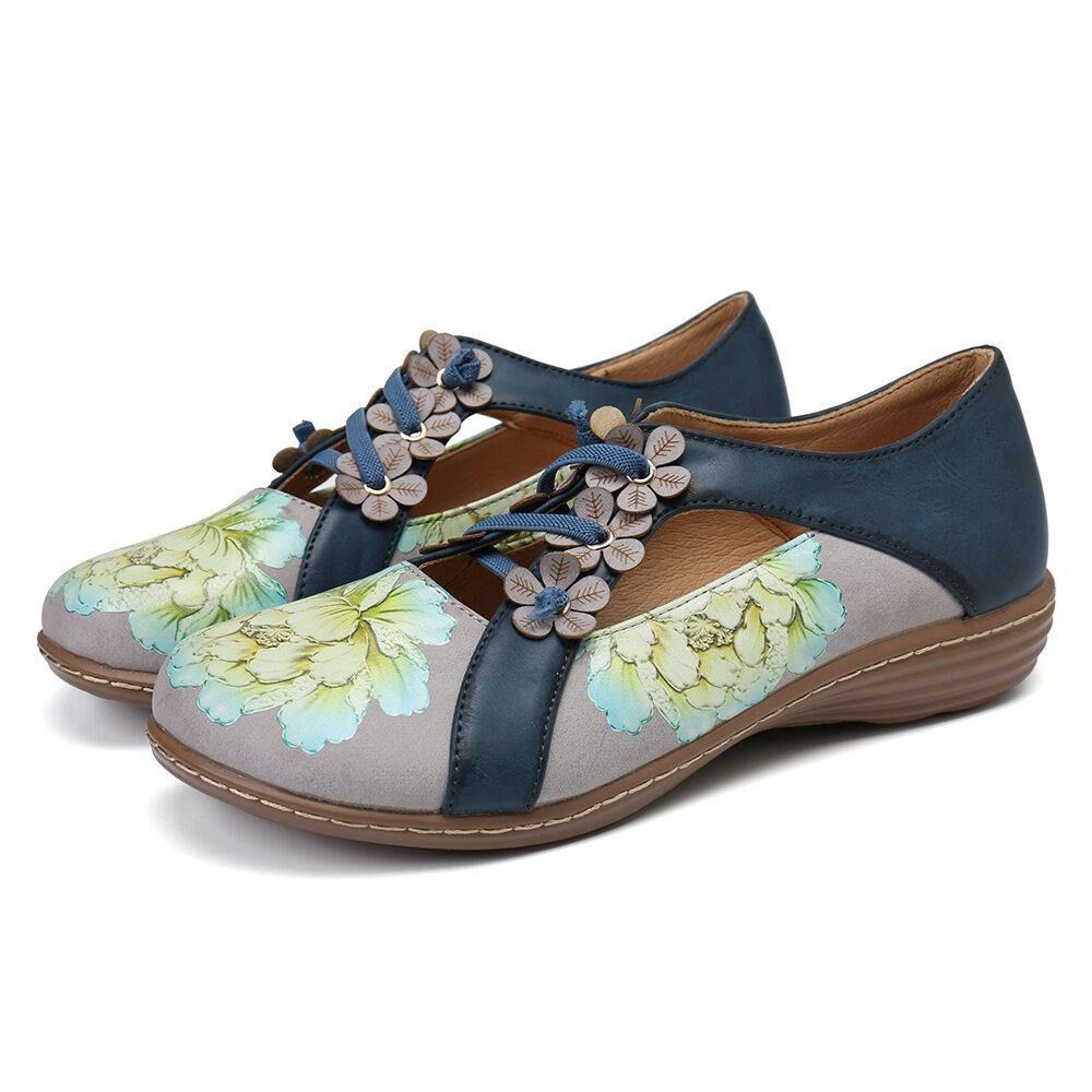 Bloemenpatroon Elastische Band Ronde Neus Splitsen Retro Casual Platte Schoenen