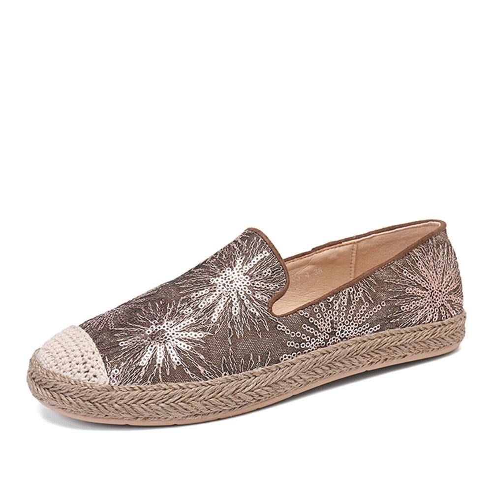 Dames Casual Loafers Met Pailletten Bloemenpatroon Espadrille Platte Schoenen