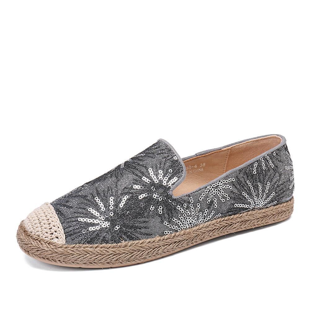 Dames Casual Loafers Met Pailletten Bloemenpatroon Espadrille Platte Schoenen